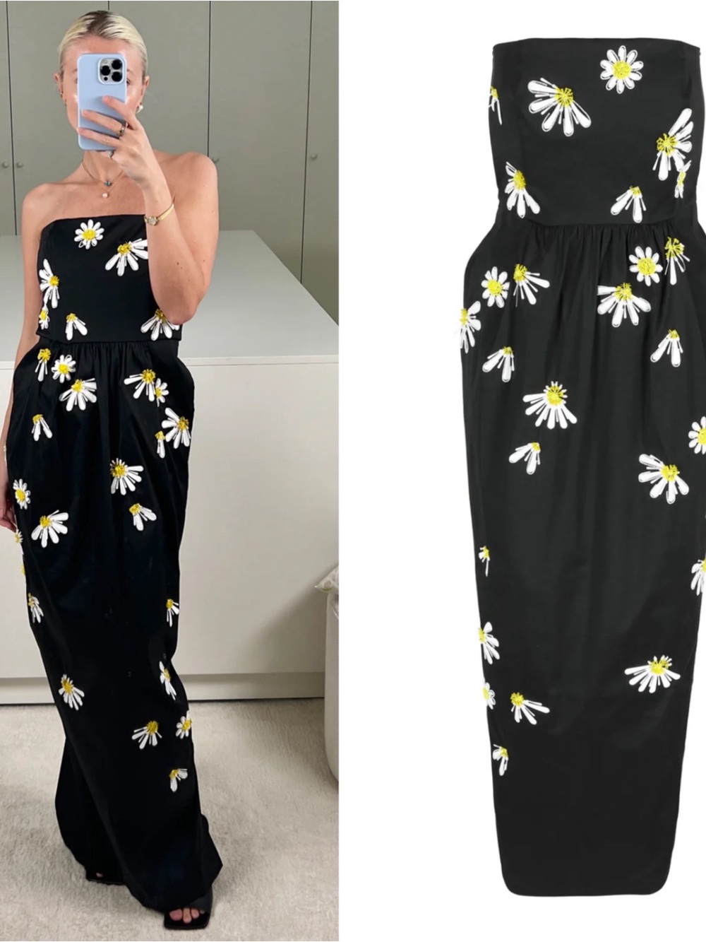BERNADETTE Lena Strapless Floral Embroidered Beaded Daisy Black Maxi Dress Sz 10